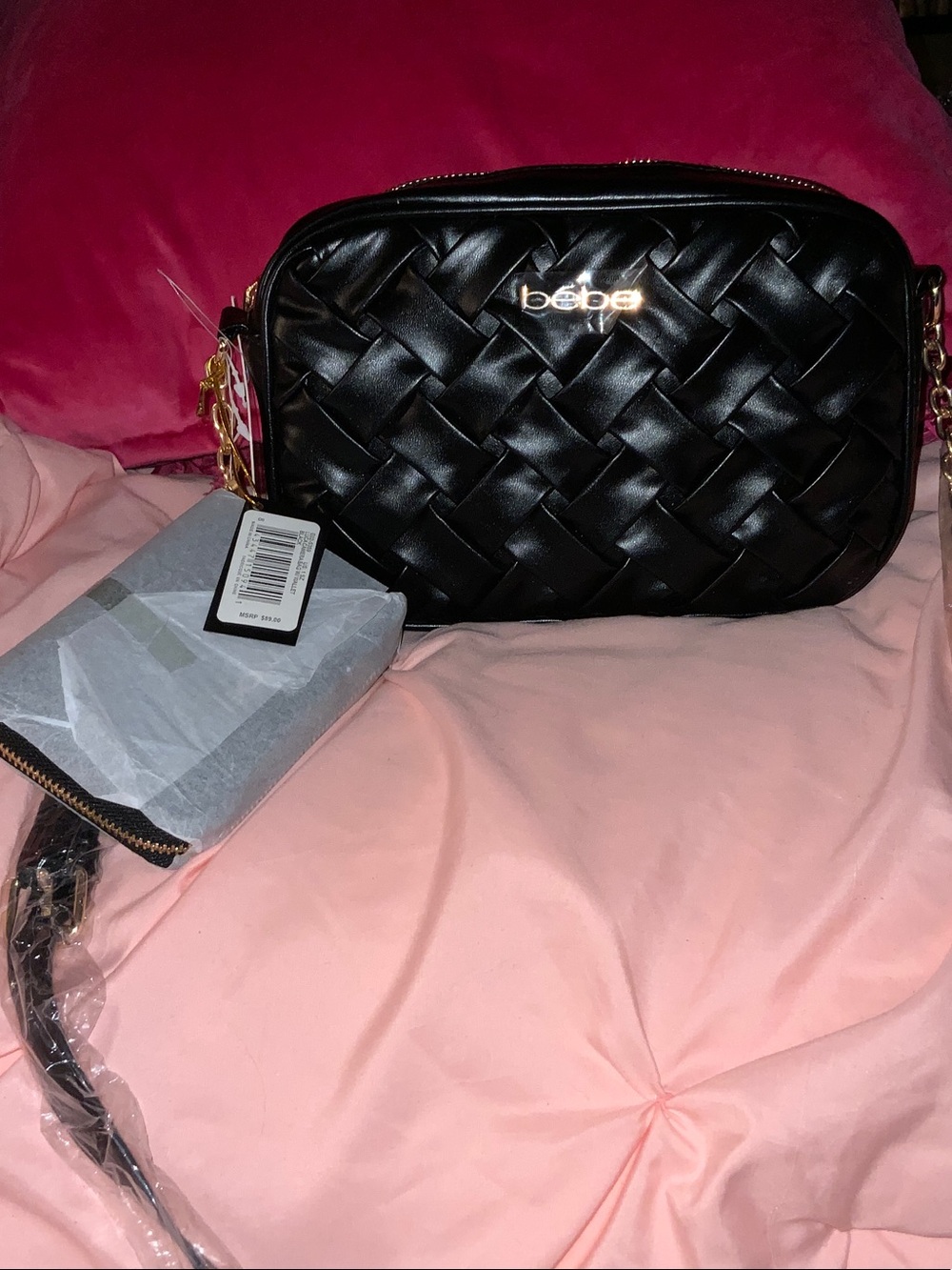 bebe Black Woven Leatherette Crossbody with Gold Hardware